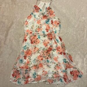 Almost Famous White Floral Halter Dress with Coral & Teal Flowers